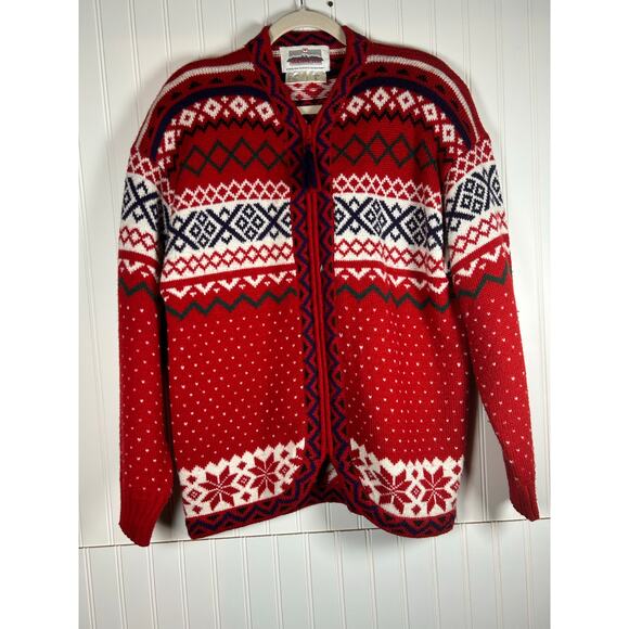 Vintage Obermeyer Women's size L Klaudia Sweater Red navy Fair Isle Full Zipper - Picture 1 of 9